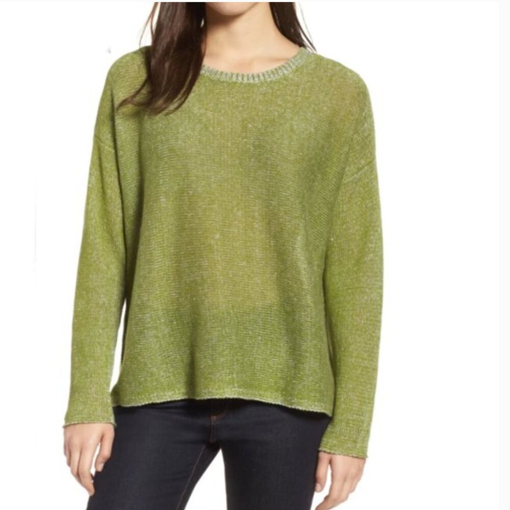 Eileen Fisher Moss Green Scoop Neck Lightweight Knit Sweater